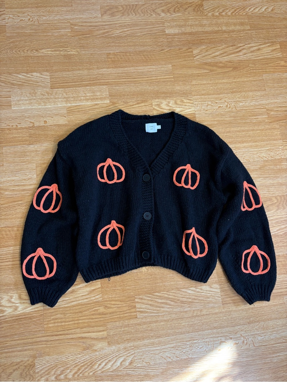 Luna Ivy Women’s Black Cardigan with Orange Pumpkin Embroidery M